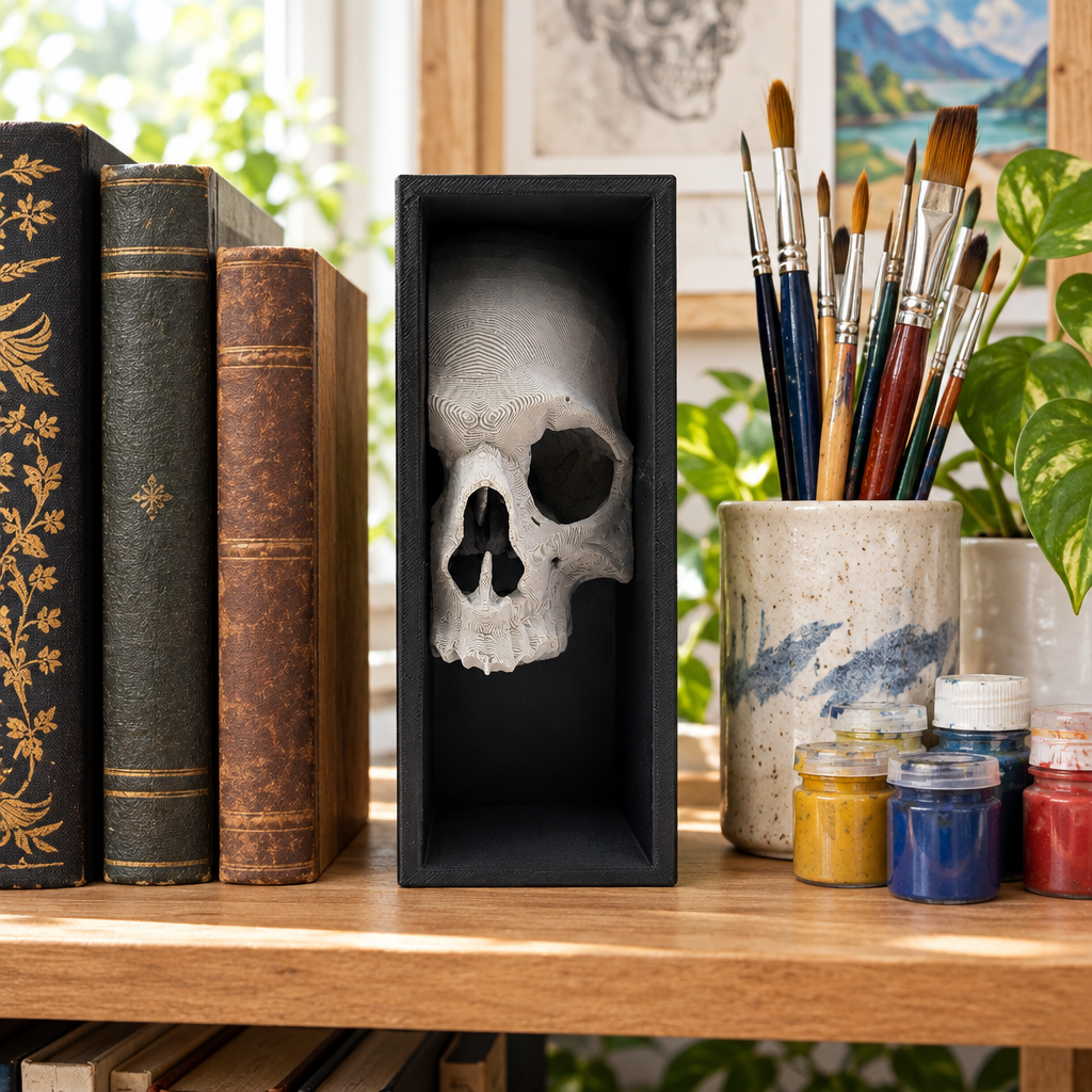 Paint-ready skull book nook on an artist studio bookshelf with painting supplies