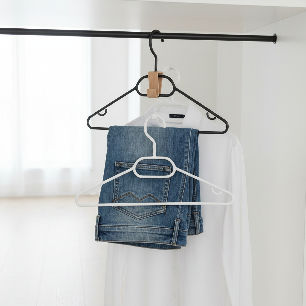 Matte white hanger hook connecting two hangers in a minimal white wardrobe