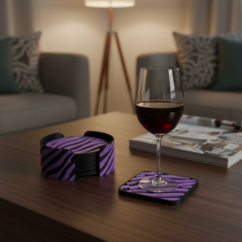 Zebra Texture Coaster Set - Purple colourway on coffee table with wine glass