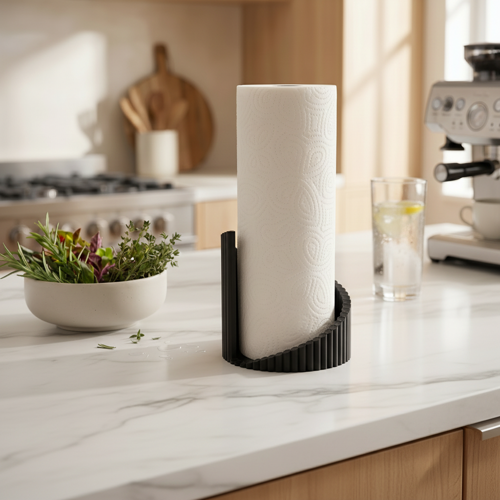 Twisted Ribbed Paper Towel Holder - black colourway on marble counter with coffee machine and glass of water