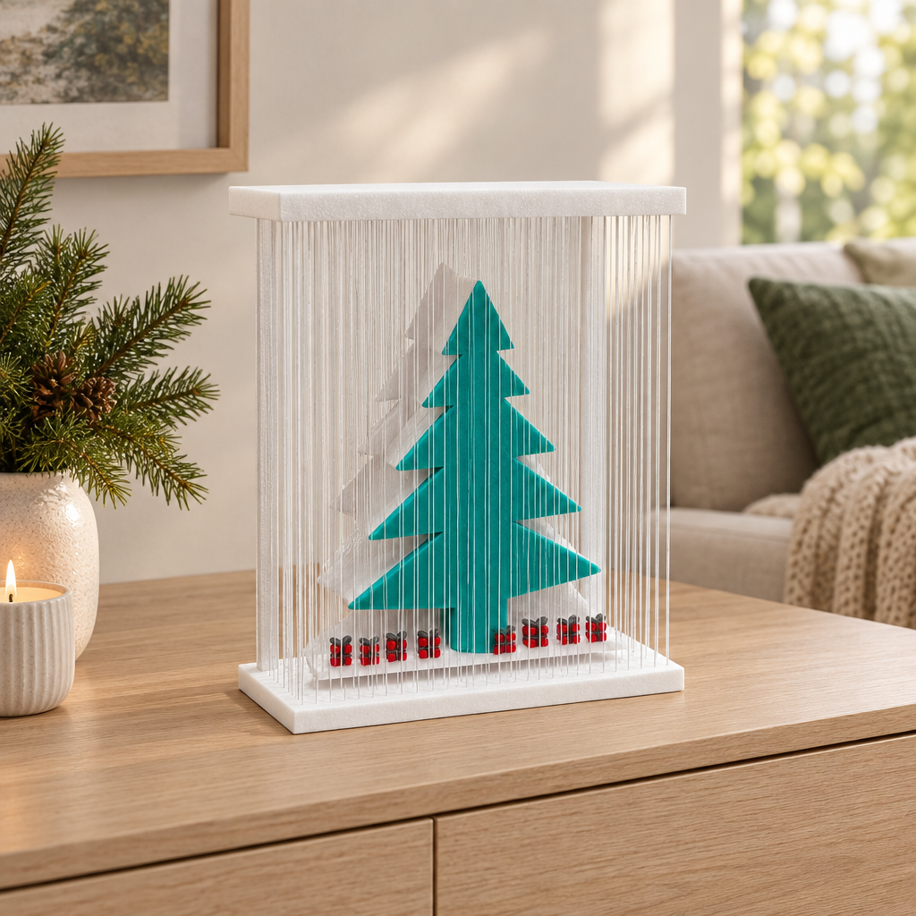 Tree Hanging Option 2 with teal-green tree, white strand frame and red-and-dark base accents styled on a pale oak sideboard.