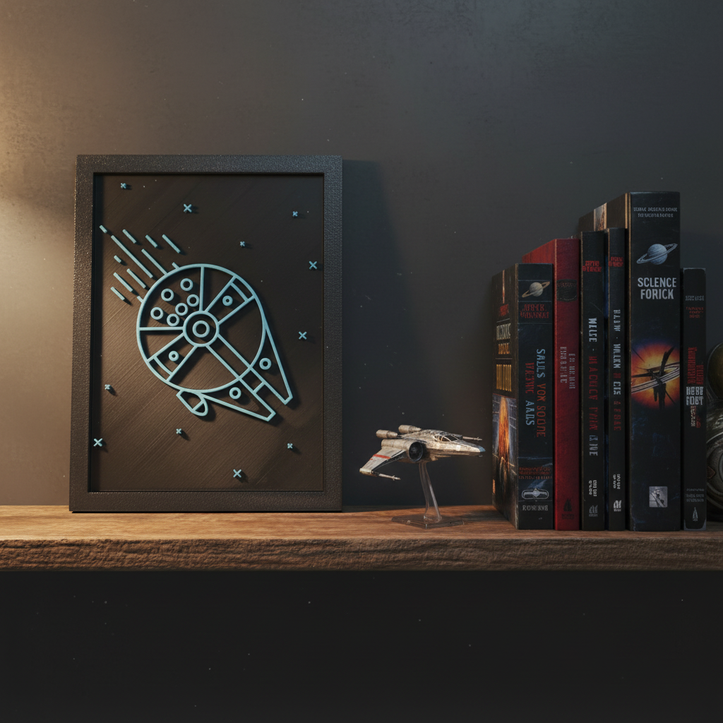 Millennium Falcon neon line art shadow box on a collector shelf beside sci-fi books and a spaceship model
