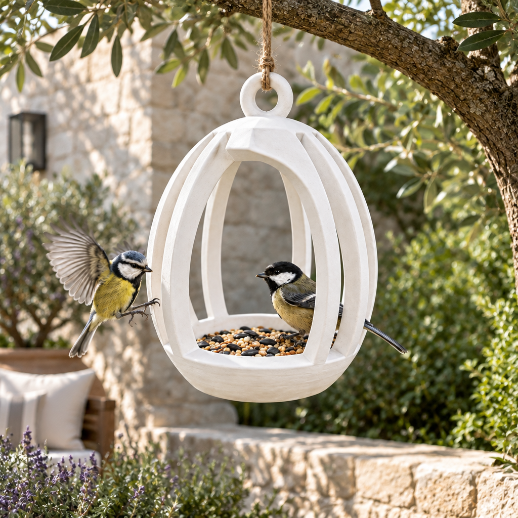 Ribbed feeder in a modern stone courtyard