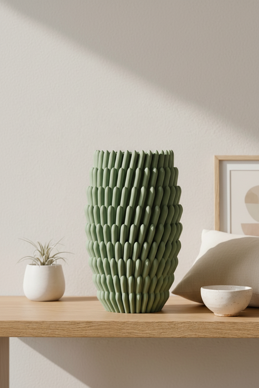 Sage green sea anemone vase on oak sideboard Scandi living room - lifestyle
