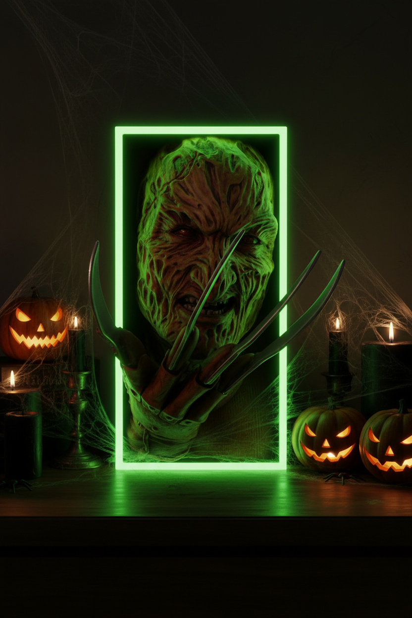 Freddy Krueger book nook relief sculpture neon green framed box dark wooden surface Halloween decorations black candles spider webs carved pumpkins dramatic moody neon green accent Halloween interior portrait