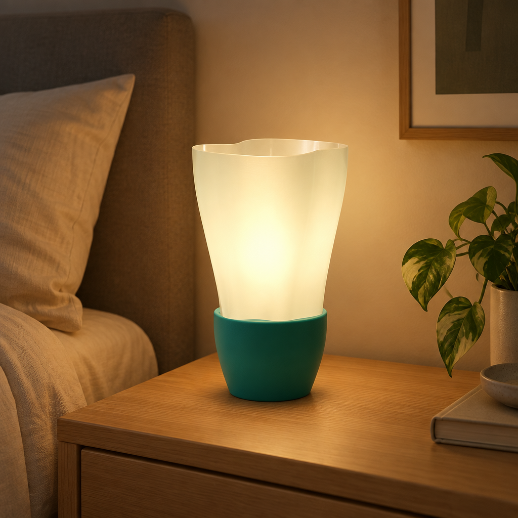 Flowing E14 Lamp glowing warmly on a light oak bedside table at night