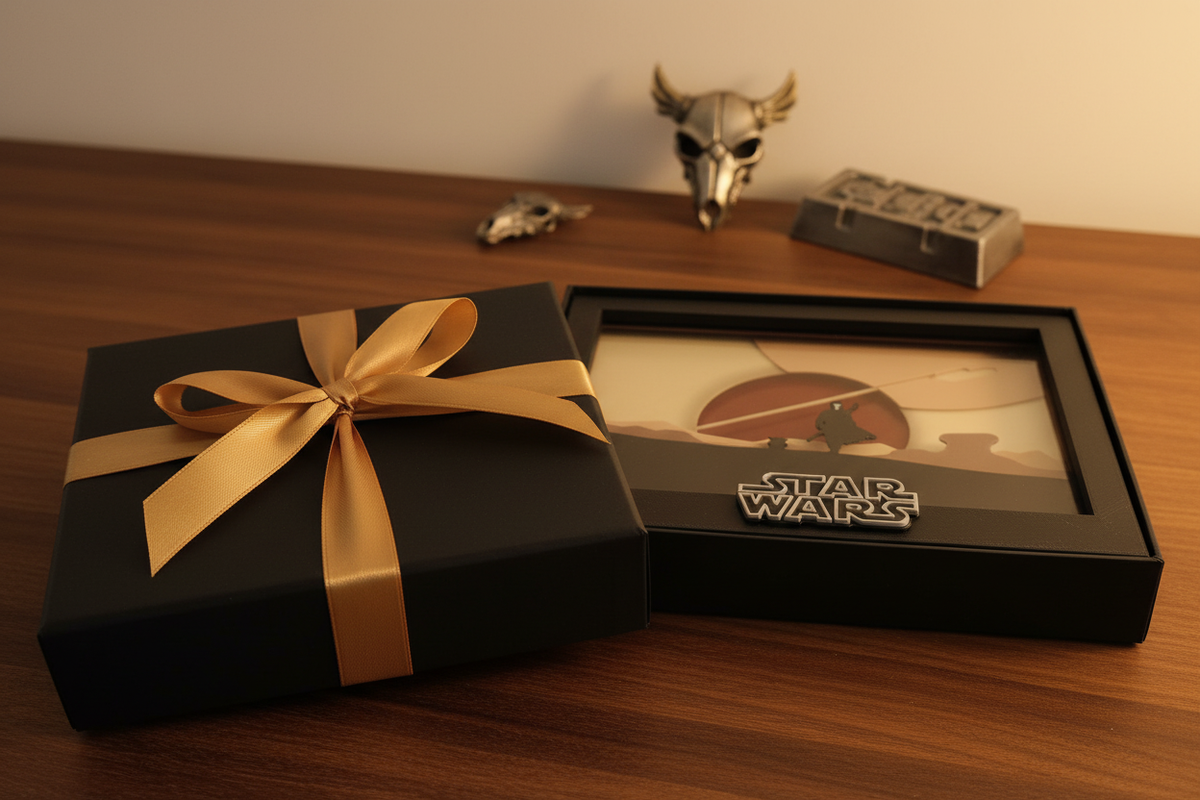 The Mandalorian Shadow Box presented as a gift in a sleek black box with gold ribbon