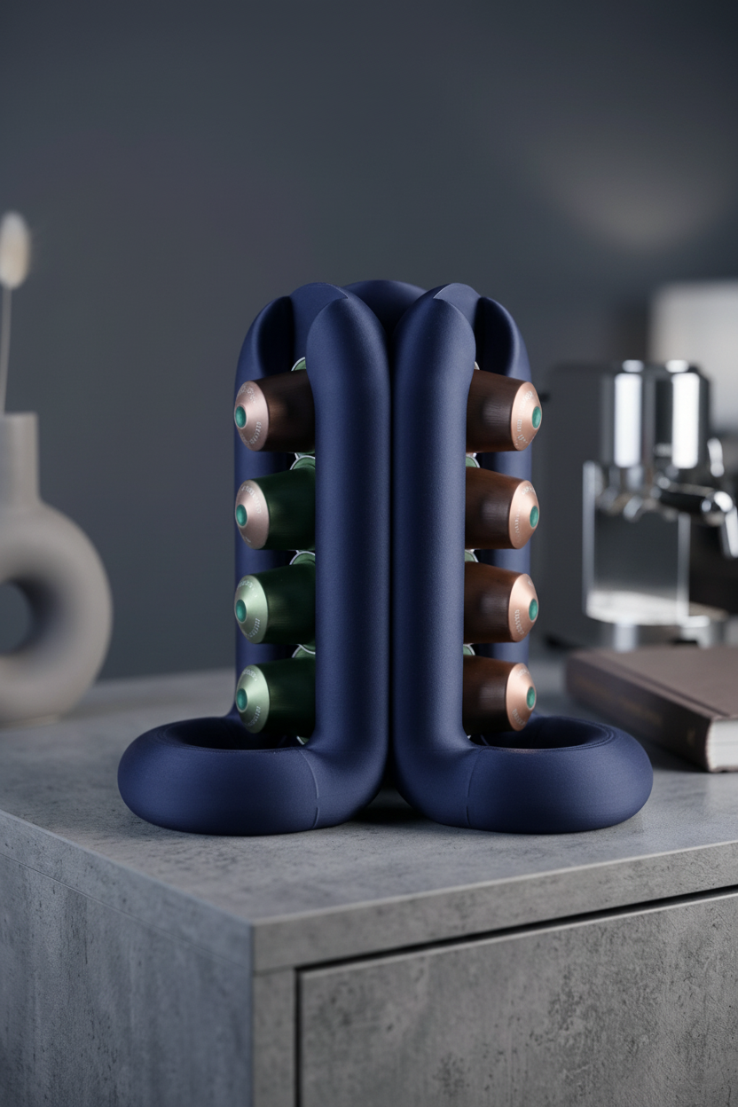 Cobalt blue wibble pod holder on concrete island beside espresso machine - lifestyle