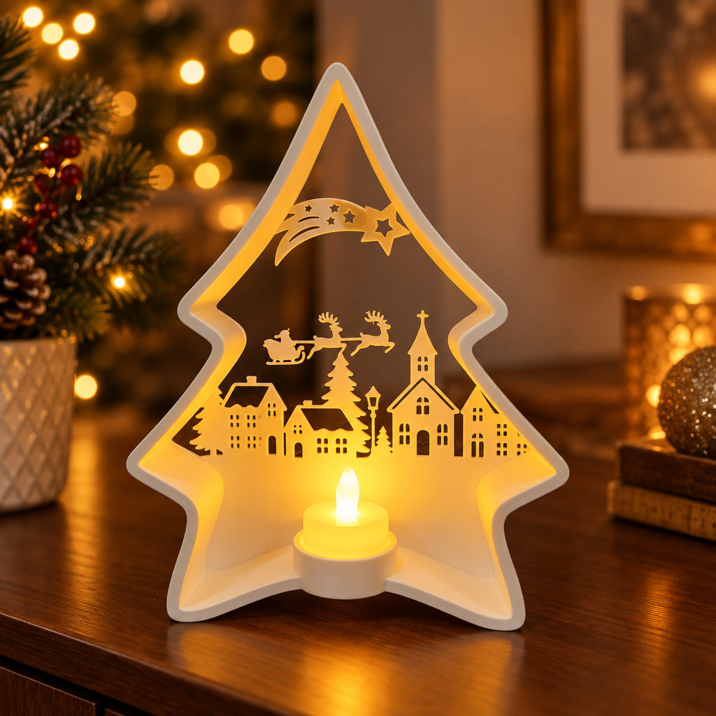 Close view of a Christmas village scene glowing inside a white tree-shaped tealight holder
