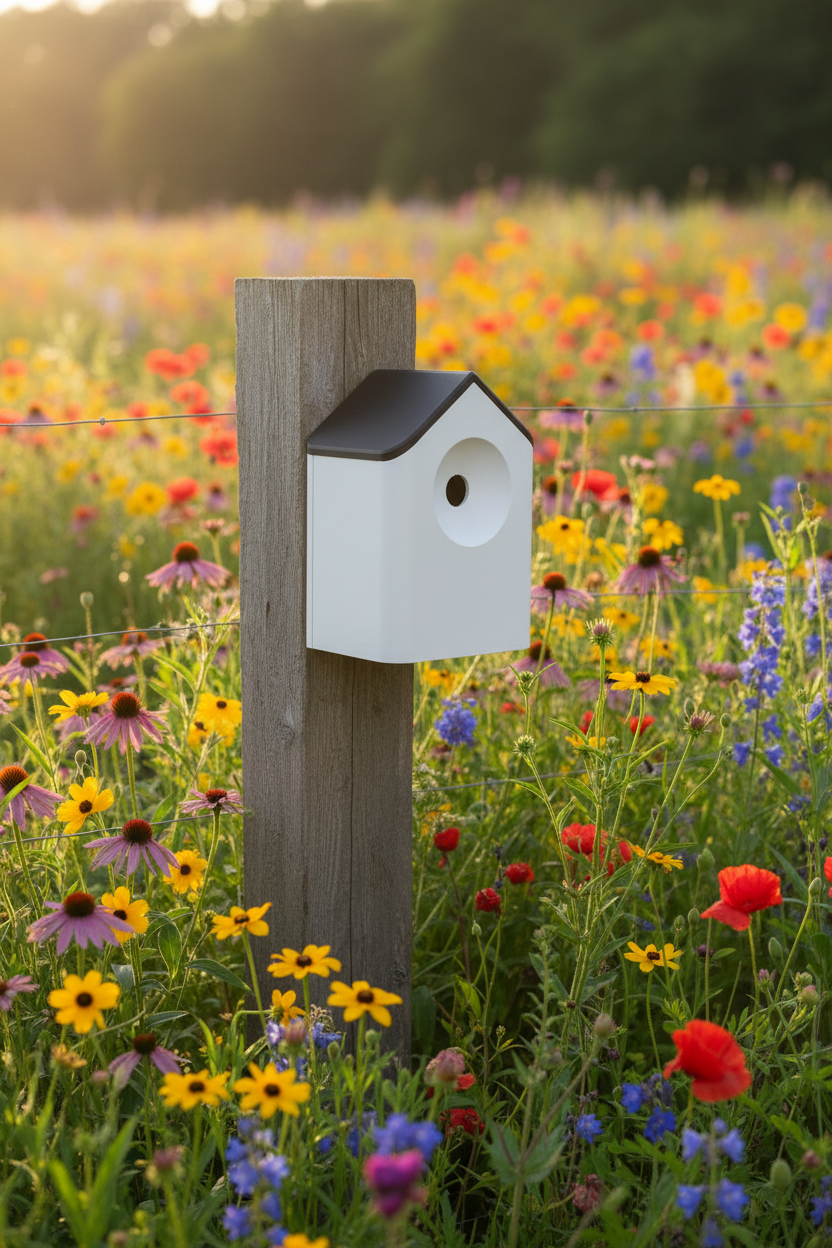Black bird house on fence post in wildflower meadow - lifestyle