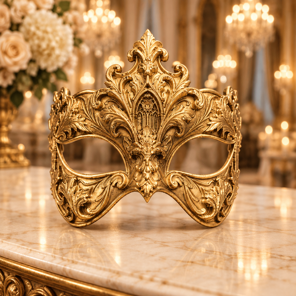 Gold Baroque masquerade mask in a formal ballroom setting, no strap included