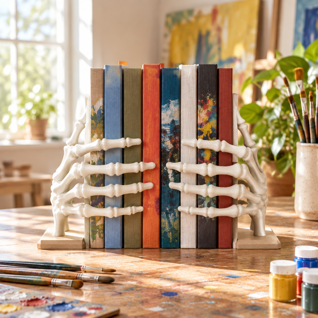 Paint-ready skeleton hand book holders on an artist studio worktable