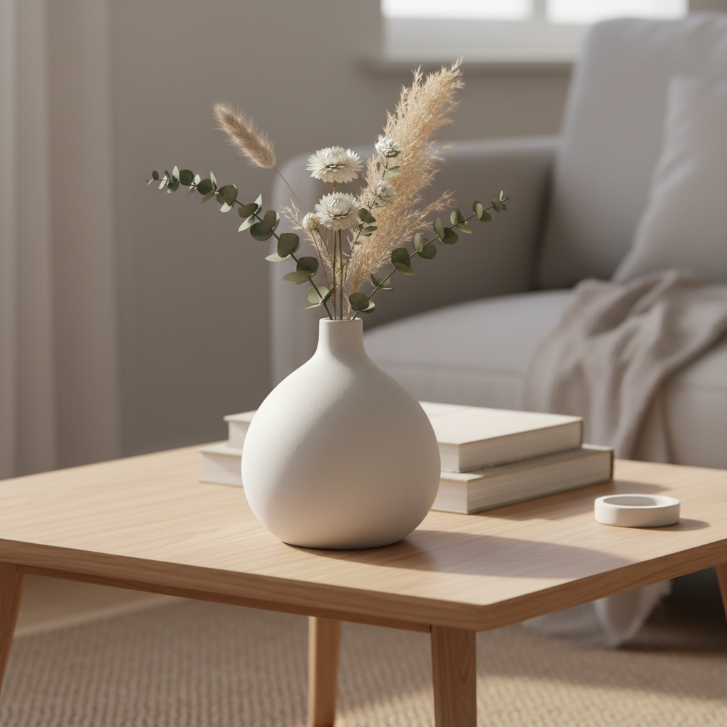 Minimalist geometric vase styled on a modern living-room coffee table