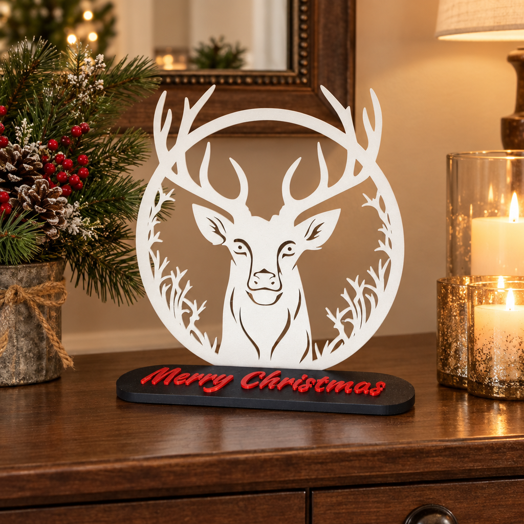 Reindeer Christmas topper styled on a dining console with festive greenery