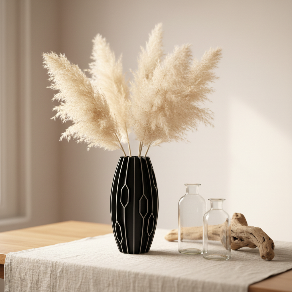 Black diamond rib vase with dried pampas grass on linen tablecloth boho natural interior lifestyle