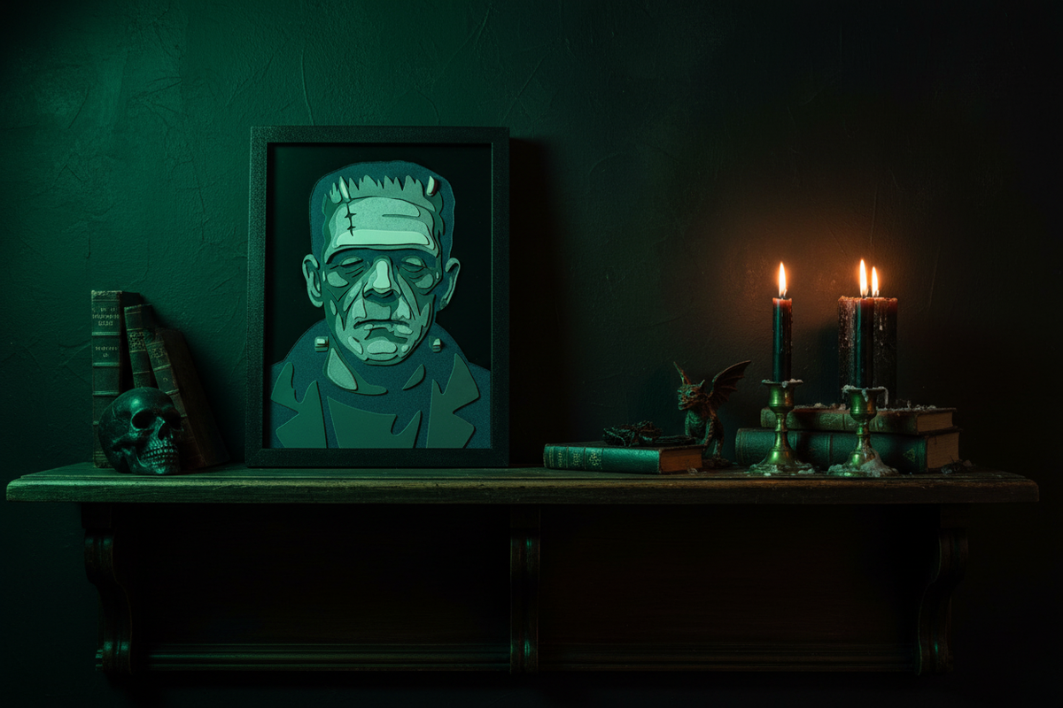 Frankenstein's Monster Shadow Box on a dark gothic shelf with cold green-tinted lighting and candles