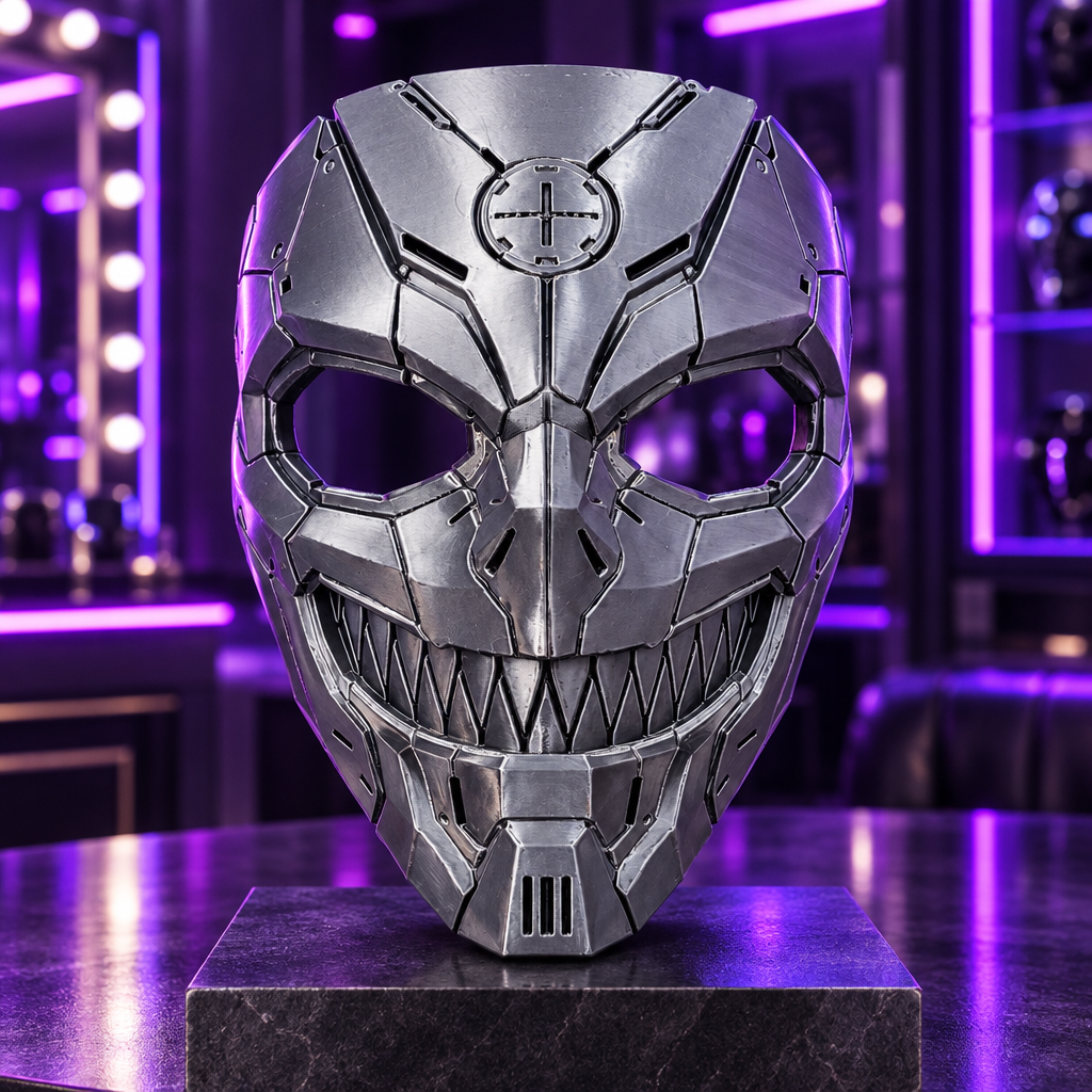 Silver Tech Devil mechanical skull mask with violet reflections in a cyberpunk dressing room, without a strap