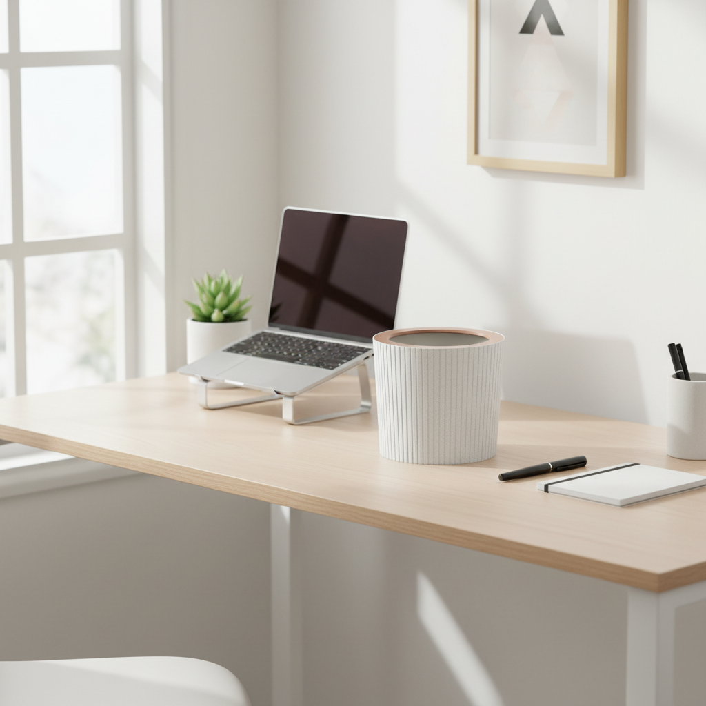 Ribbed Striped Trash Bin with Rose Gold Ring on a minimalist home office desk beside laptop and plants