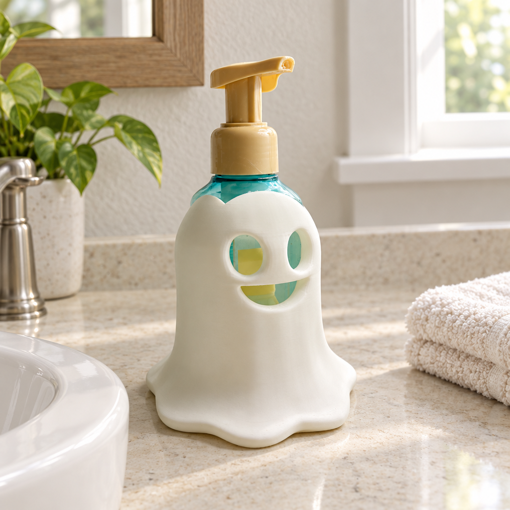 Ghost-shaped soap dispenser on a light stone guest-bathroom counter
