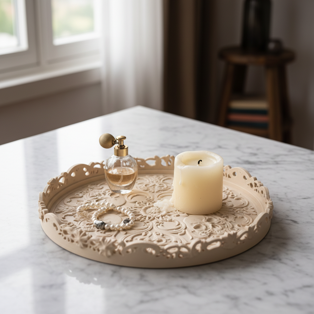 Ornate Skull Decorative Tray in beige — pearl jewellery and perfume bottle on marble surface, elegant minimal gothic aesthetic