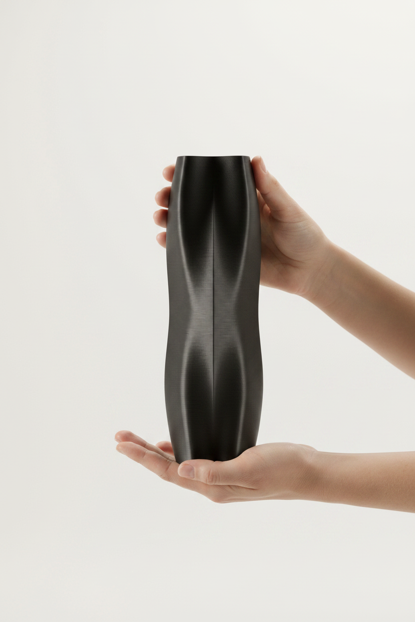 Black Yoga Flow vase held in hands showing scale - lifestyle