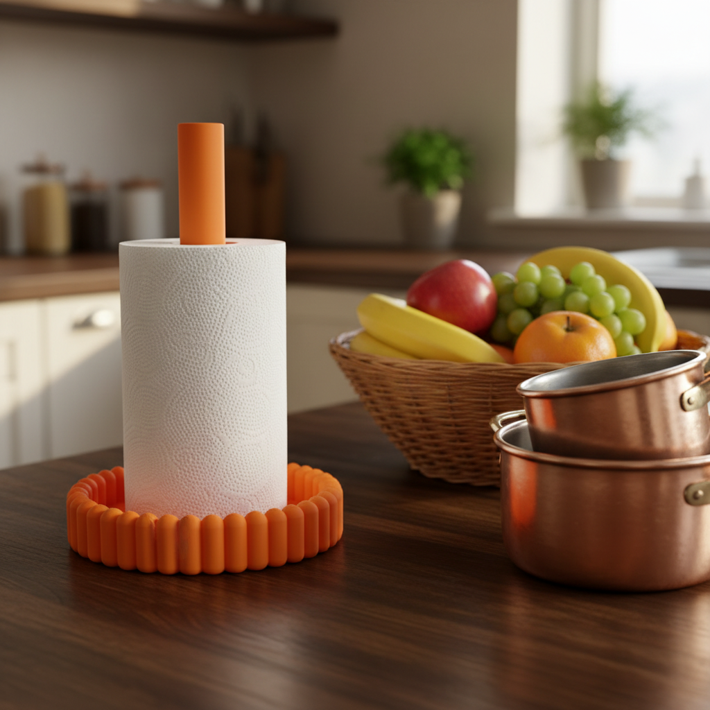 Kitchen Roll Paper Towel Holder - orange colourway with kitchen roll on dark wooden counter, copper pots and fruit bowl in background