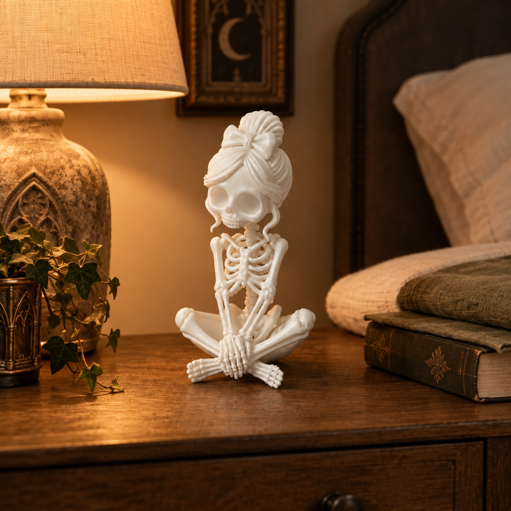 Lady Skeleton All Shy on a cosy bedside table