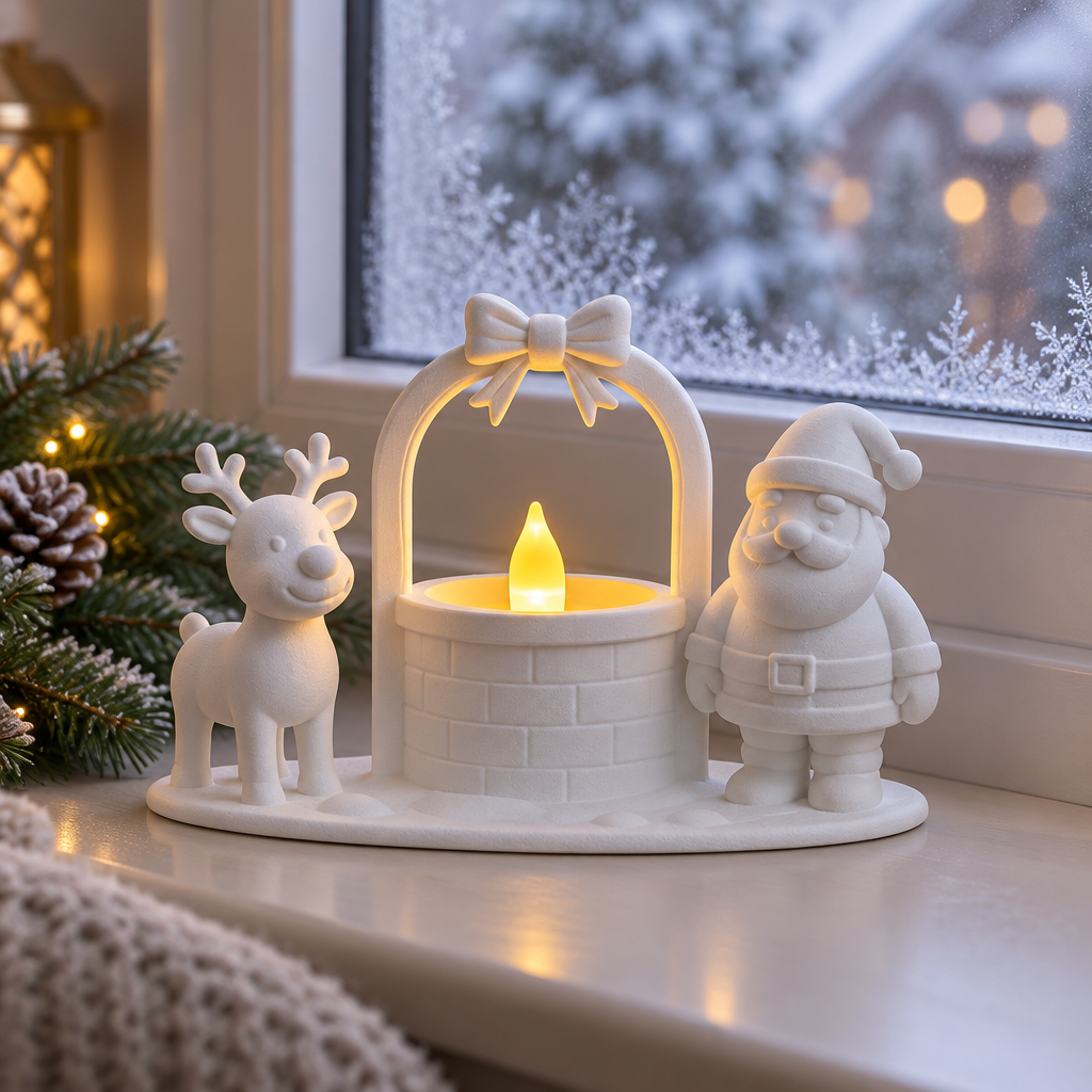Santa and reindeer tealight holder displayed by a softly frosted winter window