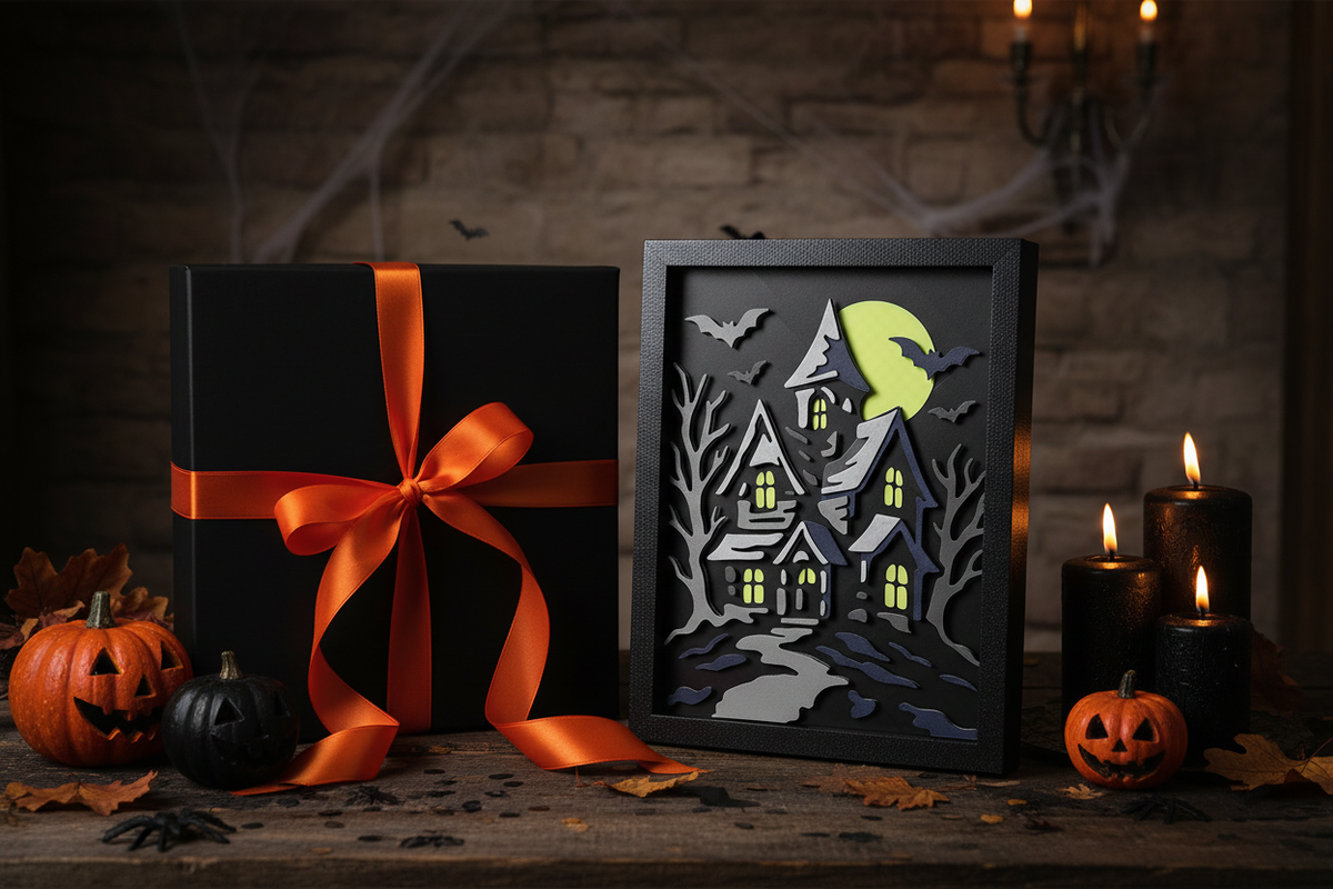Halloween in Layers: The Haunted Manor shadow box presented as a gift in a matte black box with orange ribbon and Halloween decorations