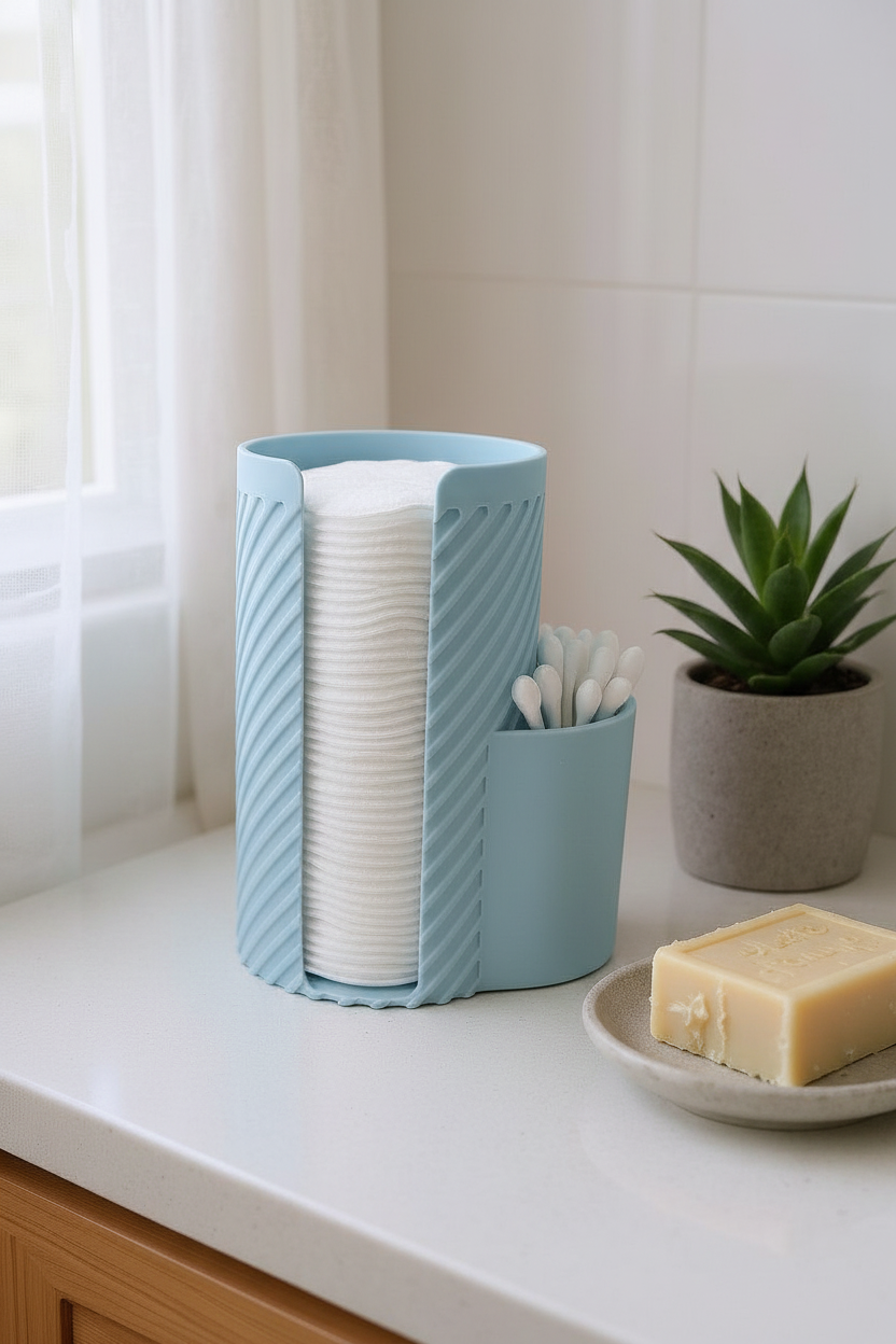 Sky blue MakeUpMate organizer on white countertop with cotton pads and cotton buds, Scandinavian minimal
