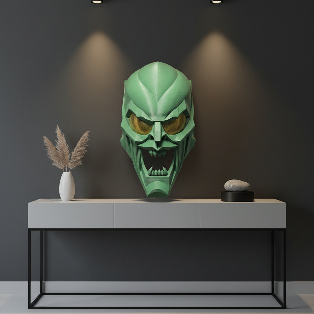 Clean green geometric villain mask sculpture displayed on a modern hallway console