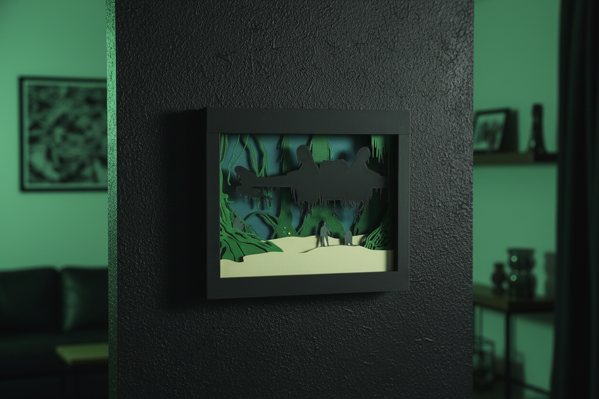 Dagobah Shadow Box hung on a dark feature wall with moody green-tinted Dagobah atmosphere lighting