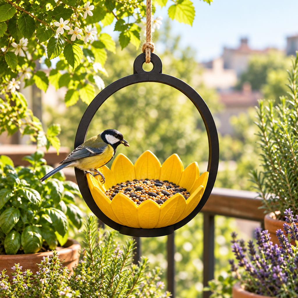 Sunflower bird feeder on a sunny herb balcony