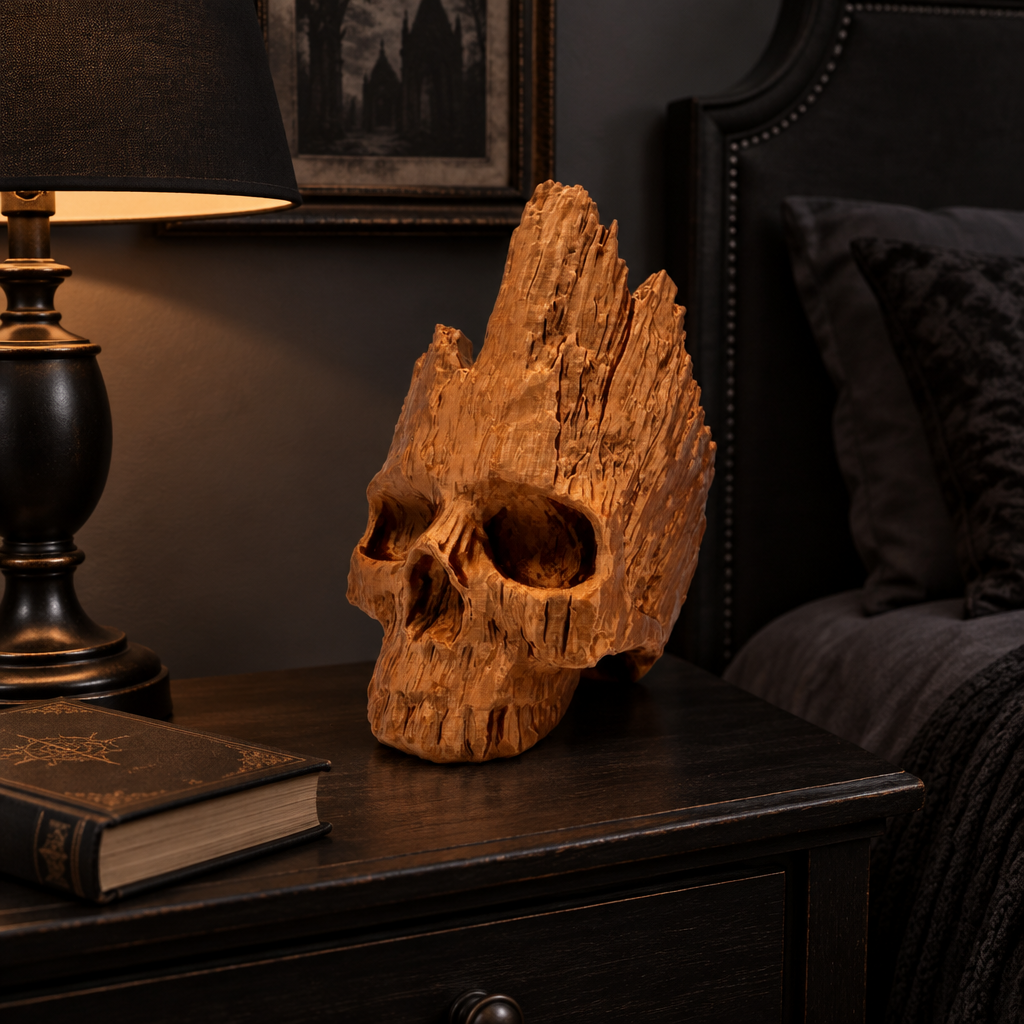 Brown wood-effect skull on a bedside table beside a black lamp