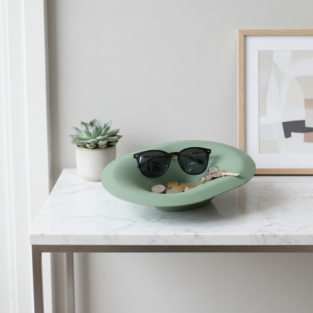 Soft Pill Catch All Bowl sage green on marble entryway console with keys and sunglasses