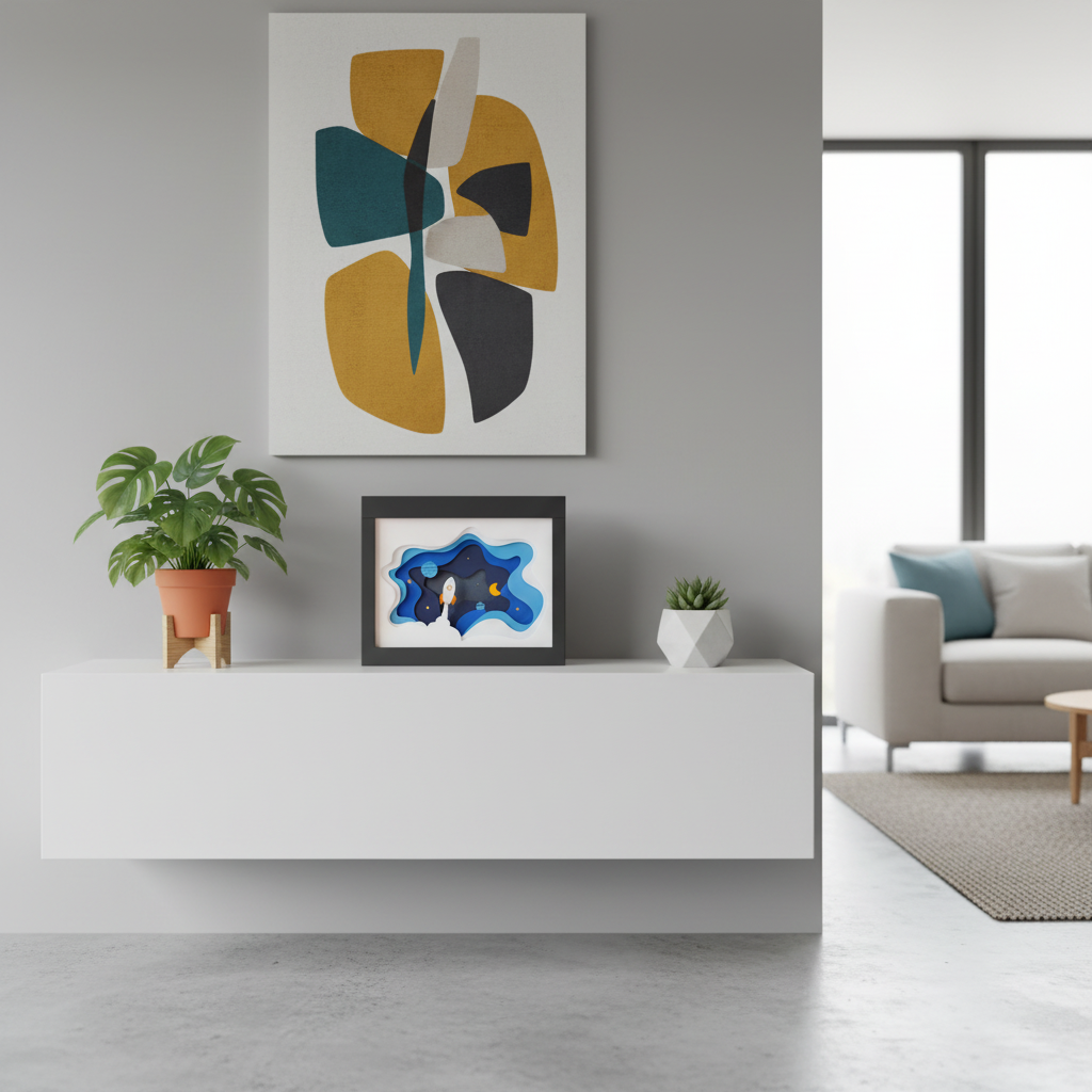 Space Rocket Shadow Box displayed on a white minimalist shelf in a bright modern living room with plants