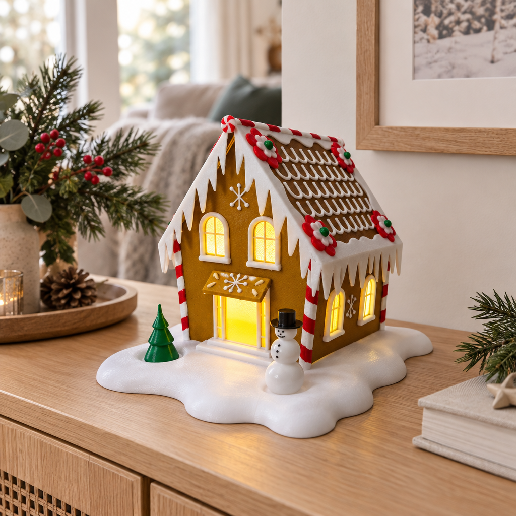 Snowy gingerbread cabin tealight holder on a light oak sideboard in a modern living room
