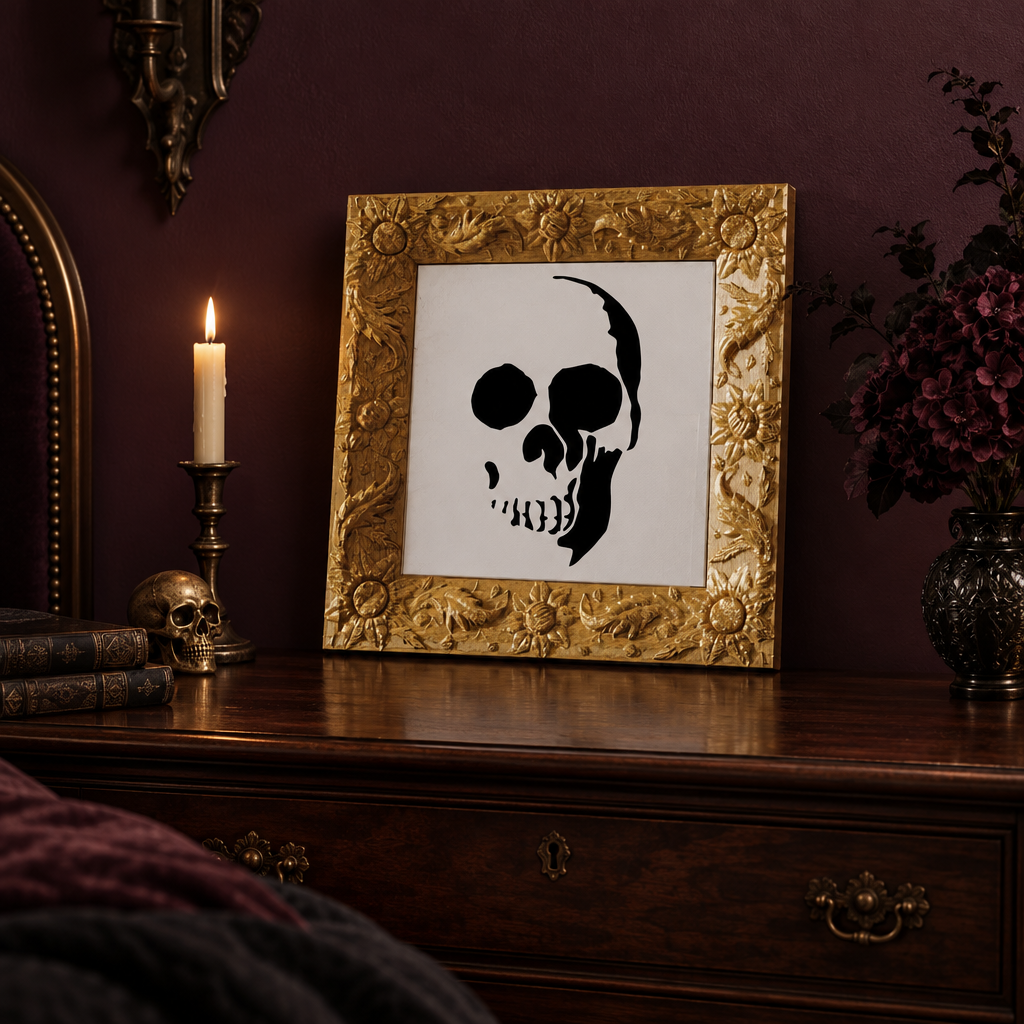 Picture Skull displayed on a dresser in a deep plum bedroom