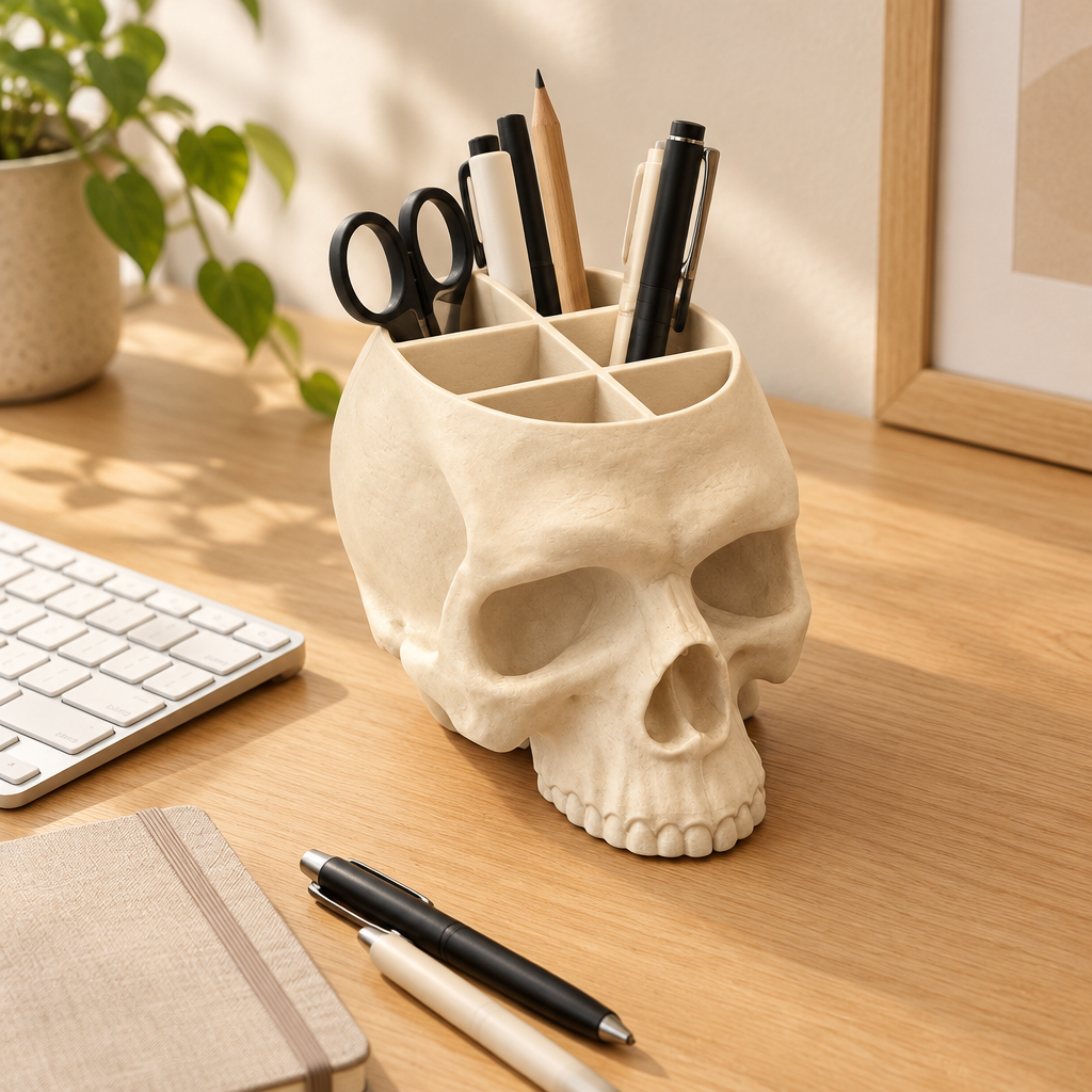 Beige skull desk organiser beside a keyboard and notebook