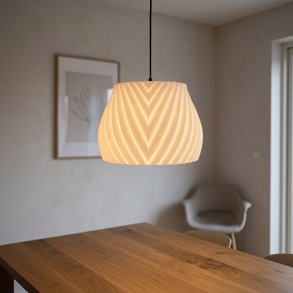 White ribbed pendant lampshade over oak dining table - lifestyle