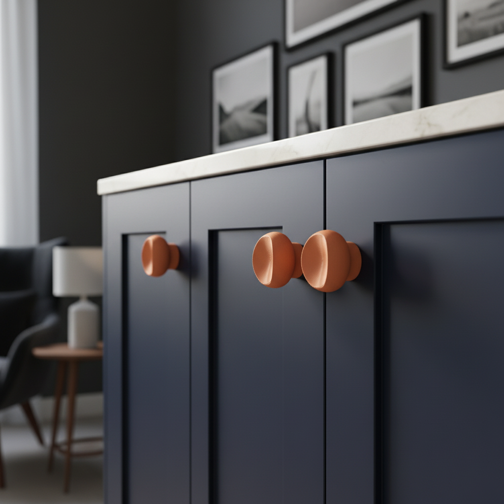 Modern Minimalist Cabinet Knob Handle terracotta on navy sideboard