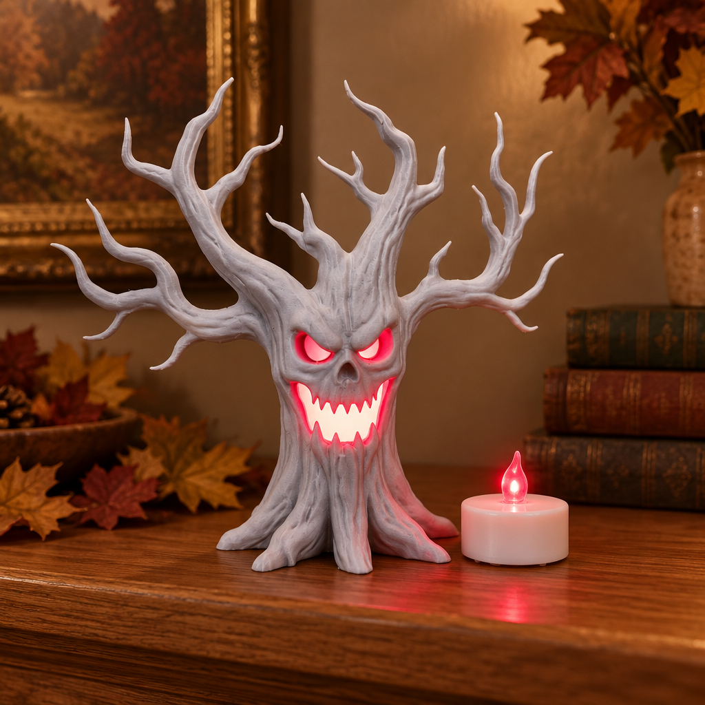 Grey laughing tree tealight holder on an autumn mantel with warm leaves and books