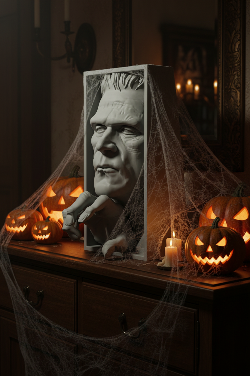 Frankenstein monster relief sculpture grey framed box dark wooden sideboard carved glowing pumpkins spider webs atmospheric Halloween night moody interior warm candlelight portrait