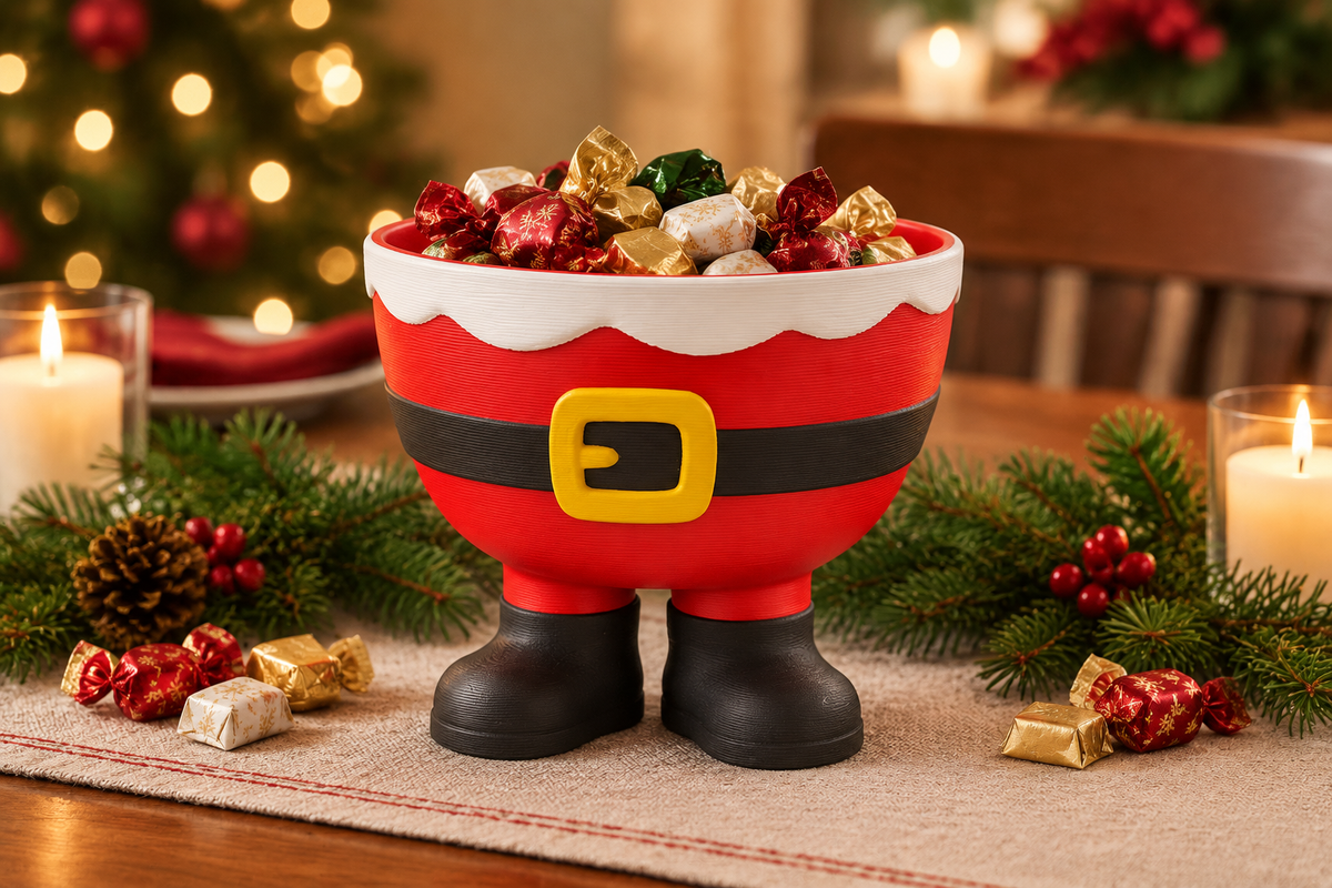 Santa legs sweet bowl as a Christmas dining-table centrepiece with wrapped treats