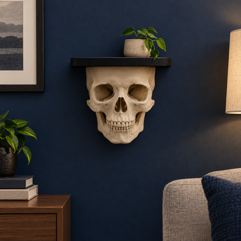 Front-facing Skull Shelf displayed on a deep navy living-room wall