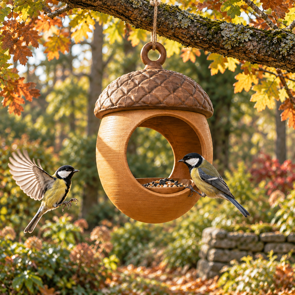 Acorn feeder near woodland garden