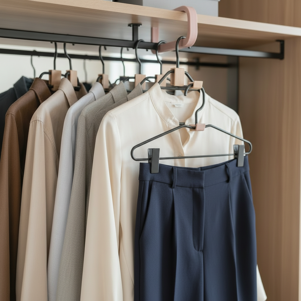 Dusty pink hanger hook connecting two hangers in a feminine white wardrobe