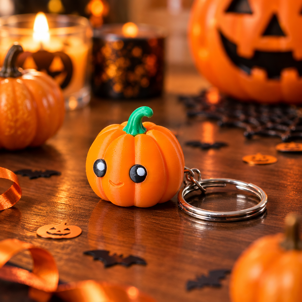 Pumpkin keychain clicker on Halloween party table