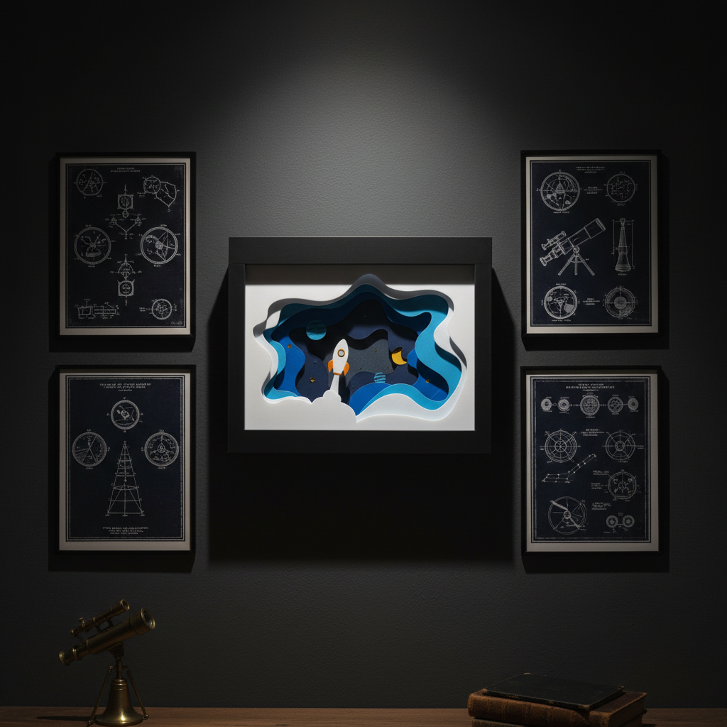 Space Rocket Shadow Box displayed on a dark gallery wall alongside science and astronomy prints
