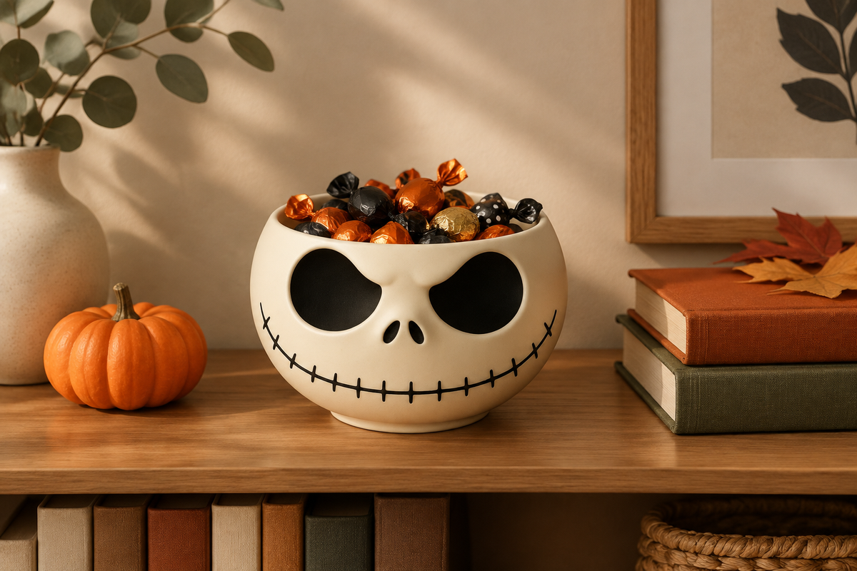 Cream-white skull sweet bowl on a bookshelf console with wrapped sweets, books, and a small pumpkin